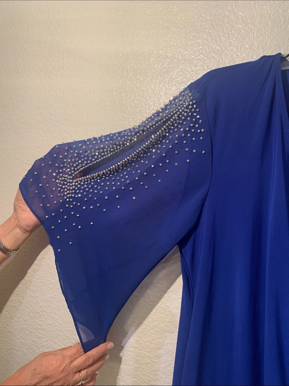 MSK Royal Blue Draped V-Neck Dress with Beaded Sheer Sleeves - Picture 4 of 9